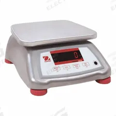 OHAUS Food Scale: 7 1/2 in Weighing Surface Dp, 9 1/2 in Weighing Surface Wd, 4 7/8 in Overall Ht (MPN V22XWE30T AM). Key specifications — Readability: 0.01 lb/5 g; Brand: OHAUS; IP Rating: IPX8.