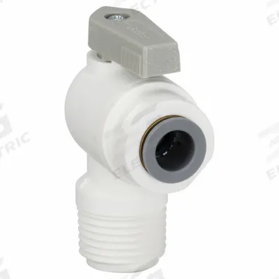 Parker Manual Two-Way Ball Valve: 3/8 in, Polypropylene, Angle, Push x FNPT - NSF 51 Compliant Polypropylene Ball Valves