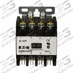 EATON Definite Purpose Magnetic Contactor: 4 Poles, 24V AC, 30 A, Non-Reversing (MPN C25END430T). Key specifications — Brand: EATON; Coil Voltage: 24V AC; Contactor Style: HVACR Definite Purpose Contactor; Frame Size: E; Terminal Connection Type: Quick-Disconnect Terminals; Maximum Voltage Rating: 690V AC; Series: C25 Series; Phase: Three.