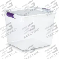 HOMZ Storage Tote: 7.7 gal, 16 1/4 in x 13 in x 12 1/8 in, Clear Body, Clear Lid, Not NSF Certified (MPN 3430GRPRCL.08). Key specifications — attr1188666: Plastic; attr1188671: Rounded; attr1188675: Clear; attr1188676: Clear; attr1188687: HOMZ; attr1188688: Not NSF Certified; attr1188689: Nesting Capable.