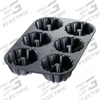 CHICAGO METALLIC Cake Pan: Aluminum, Non-Stick, 6 Slots, Solid, 8 15/16 in Overall Wd, 10 ga Gauge (MPN 50624). Key specifications — Bead Closure: Closed Bead; Coating: Non-Stick; Pan Style: Mini Bundt Cake Pan; Perforation: Solid; Brand: CHICAGO METALLIC; Color: Black; Material: Aluminum; NSF Certified: No.