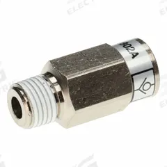 SMC Pneumatic Check Valve: Bushing, 1/4 in NPT, 1/4 in NPT, 1 MPa Max. Pressure (MPN AKB02A-N02S). Key specifications — attr291949: 1/4 in NPT; attr291950: 1/4 in NPT; attr291957: Brass (Body); Brass (Spacer); NBR (O-Ring); NBR, Aluminum Alloy (Valve); Stainless Steel (Stopper); attr294749: SMC.
