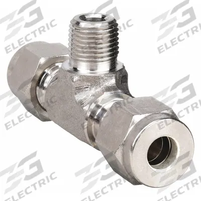 PARKER Compression Tee Fitting: 1/4 in OD x 1/4 in OD x 1/8 in Pipe Fitting Size - Double-Ferrule Stainless Steel Fittings