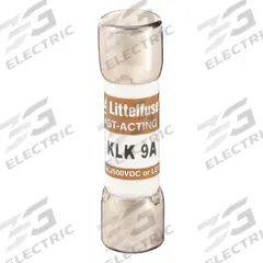 LITTELFUSE Fuse: KLK Series, Midget, Fast-Acting, 9 A, 600 V AC, 500 V DC, 13/32 in x 1 1/2 in (MPN KLK009). Key specifications — attr1287209: KLK; attr211192: LITTELFUSE.
