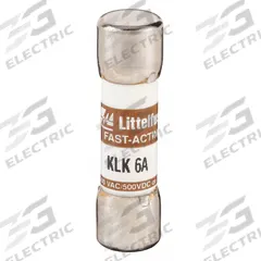 LITTELFUSE Fuse: KLK Series, Midget, Fast-Acting, 6 A, 600 V AC, 500 V DC, 13/32 in x 1 1/2 in (MPN KLK006). Key specifications — attr1287209: KLK; attr211192: LITTELFUSE.