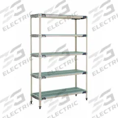 METRO Plastic Industrial Shelving: 18 in x 48 in, 74 in Overall Ht, 5 Shelves, Antimicrobial (MPN 5X357GX3). Key specifications — Resistance Properties: Antimicrobial; Frame Material: 304 Stainless Steel; Shelving Material: Polymer; Brand: METRO.