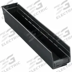 QUANTUM STORAGE SYSTEMS Shelf Bin: 23 5/8 in Overall Lg, 4 1/8 in x 4 in, Black, Nesting Capable (MPN QSB105CO). Key specifications — attr1179622: QUANTUM STORAGE SYSTEMS; attr1179611: 0%; attr1179616: QSB105CO; attr1179624: Dividers Not Included; attr1249172: Electrostatic Discharge Conductive.