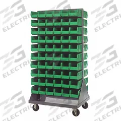 QUANTUM STORAGE SYSTEMS Mobile Louvered Floor Rack: 36 in x 24 in x 72 in, 120 Bins Included, Green (MPN QMD-36H-230GN). Key specifications — Bin Width: 5-1/2 in; Color: Gray; Caster Wheel/Configuration: (2) Swivel; Caster Wheel/Tread Material: Hard Rubber; Bin Color: Green; Bin Depth: 10-7/8 in; Bin Height: 5 in; Brand: QUANTUM STORAGE SYSTEMS.