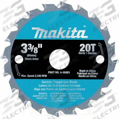 MAKITA Circular Saw Blade: 3 3/8 in Blade Dia., 20 Teeth, 0.04 in Cut Wd, 9/16 in Arbor Size (MPN A-95021). Key specifications — attr1116119: MAKITA; attr1145631: Wood.