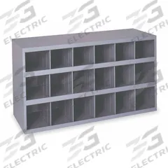 DURHAM MFG Pigeonhole Bin Unit: 34 in x 12 in x 18 in, 18 Compartments, Gray, Steel, Powder Coated (MPN 354-95). Key specifications — attr7229: Steel; attr38869: DURHAM MFG; attr38873: Gray.