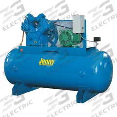 JENNY Electric Air Compressor: 7.5 hp, 2 Stage, Horizontal, 80 gal, 27.2 cfm, 175 psi, 240V AC (MPN U75B-80-230/1). Key specifications — attr48430: JENNY; attr48445: 60 Hz; attr48448: Magnetic Starter; attr48450: 240V AC; attr48474: Single; attr48487: Horizontal.