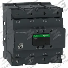 SCHNEIDER ELECTRIC IEC Contactor: Non-Reversing, 4 Poles, 4NO Contacts, 200 A, 120V AC/240V AC Coil (MPN LC1DT200A6KUE). Key specifications — Brand: SCHNEIDER; Integrated Surge Suppression: Yes.