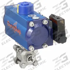 DYNAQUIP CONTROLS Pneumatically Actuated Two-Way Ball Valve: 3/8 in, Stainless Steel, FNPT x FNPT (MPN P3S22AJSR05210A). Key specifications — Brand: DYNAQUIP CONTROLS; Pilot Solenoid Voltage: 115V AC.