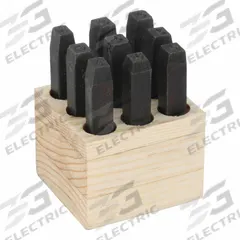 YOUNG BROS. STAMP WORKS Hand Stamp Kit: 0 thru 9 (6 doubles as 9), 5/32 in Character Ht, # Set (MPN 04094). Key specifications — Material: Steel; Brand: YOUNG BROS. STAMP WORKS; Characters Included: 0 thru 9 (6 doubles as 9).