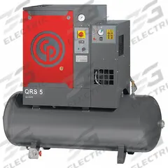 CHICAGO PNEUMATIC Rotary Screw Air Compressor w/Air Dryer: Horizontal, 5 hp, 16.6 cfm, 60 gal Tank (MPN QRS 5 HPD). Key specifications — attr48606: Three; attr48593: 460V AC; attr48578: CHICAGO PNEUMATIC; attr110305: Included.