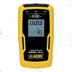 AEMC INSTRUMENTS Phase Sequence and Motor Rotation Tester: 15 Hz to 400 Hz, 40 V to 850 V, Digital (MPN 6612). Key specifications — Circuit Connection Type: Test Leads; Brand: AEMC INSTRUMENTS; CAT Safety Rating: CAT IV 600V.