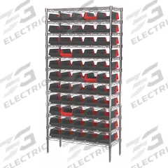 AKRO-MILS Bin Shelving: 36 in x 14 in x 74 in, 1 Sided, 60 Bins, Open, Indicator Bin, Black/Red (MPN AWS143636462BK). Key specifications — Includes Bins: Yes; Bin Material: Polymer; Frame Color: Silver; Bin HxWxD: (60) 4 in x 6-3/4 in x 11-5/8 in; Frame Material: Steel; Bin Color: Black; Red; Brand: AKRO-MILS.