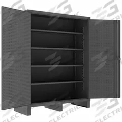 DURHAM MFG Pegboard Cabinet: 60 in x 24 in x 78 in, Swing Handle & Padlock Hasp, 12 ga Panel Thick (MPN HDCP246078-PB32-4S95). Key specifications — Cabinet Color: Gray; Method of Construction: Welded; Base Type: Legs; Assembled: Assembled; Mobility: Stationary; Adjustable Shelves: Adjustable; Cabinet Finish: Powder Coated; Cabinet Material: Steel.