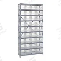 QUANTUM STORAGE SYSTEMS Pick Rack: 36 in x 18 in x 75 in, 1 Sided, 36 Bins, Open, Shelf Bin, Clear (MPN 1875-208CL). Key specifications — Includes Bins: Yes; Bin Material: Polypropylene; Frame Color: Gray; Bin HxWxD: (36) 6 in x 8-3/8 in x 17-7/8 in; Frame Material: Steel; Bin Color: Clear; Bin Style: Shelf; Brand: QUANTUM STORAGE SYSTEMS.
