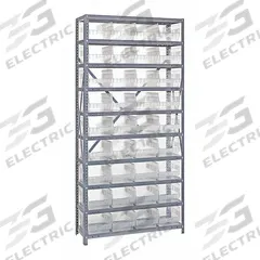 QUANTUM STORAGE SYSTEMS Pick Rack: 36 in x 18 in x 75 in, 1 Sided, 36 Bins, Open, Shelf Bin, Clear (MPN 1875-208CL). Key specifications — Includes Bins: Yes; Bin Material: Polypropylene; Frame Color: Gray; Bin HxWxD: (36) 6 in x 8-3/8 in x 17-7/8 in; Frame Material: Steel; Bin Color: Clear; Bin Style: Shelf; Brand: QUANTUM STORAGE SYSTEMS.