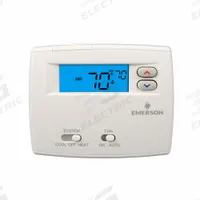 EMERSON Low Voltage Thermostat: Heat or Cool, Manual, C/G/O/B/R/W/Terminal Designations, Auto-On (MPN 1F86EZ-0251). Key specifications — Application: Heat or Cool; Key Features: Change Filter Reminders; Temperature Differential: 0.6° to 1.7°F; Voltage: 20V AC; Terminal Designations: C; System Settings: Cool-Heat-Off; Temperature Control Range: 45° to 99°F; Changeover Type: Manual.