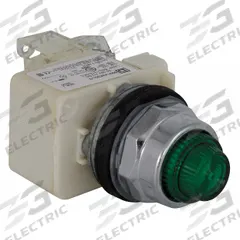 SCHNEIDER ELECTRIC Pilot Light: 30 mm Panel Mounting Size, Green, LED, 9001K Series (MPN 9001KT38LGG31). Key specifications — Series: 9001K; Brand: SCHNEIDER; Includes Push-To-Test: Push-To-Test Included.