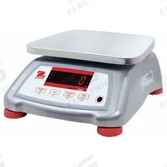 OHAUS Food Scale: 7 1/2 in Weighing Surface Dp, 9 1/2 in Weighing Surface Wd, 4 7/8 in Overall Ht (MPN V22XWE1501T). Key specifications — Readability: 0.0005 lb/0.2 g; Brand: OHAUS; IP Rating: IPX8.
