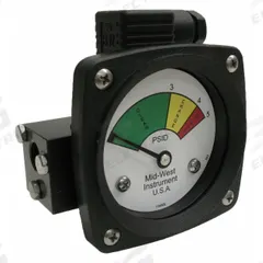 MIDWEST INSTRUMENT 3-Color Differential Pressure Indicator: 1,000 psig Max. Static Pressure, 522 (MPN 522A-005-LE). Key specifications — Brand: MIDWEST INSTRUMENT; Accuracy: ±5% of Full Scale; Sensor Material: Buna-N; Housing Material: Aluminum; Transition Points: 0 psid to 3 psid (Green) / 3 psid to 4 psid (Yellow) / 4 psid to 5 psid (Red).