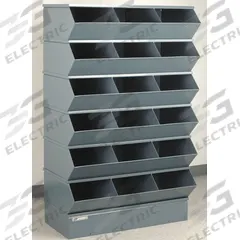 STACKBIN Sectional Stacking Bin Units: 37 in x 20 in x 63 in, Std, 18 Compartments, Gray (MPN 3-418SSB). Key specifications — Color: Gray; Brand: STACKBIN.