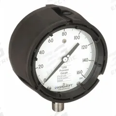 ASHCROFT Process Pressure Gauge: 0 psi to 160 psi, White, 4 1/2 in Dial, 1/2 in NPT Male, Bottom (MPN 451259SD04L160#). Key specifications — Brand: ASHCROFT; Pointer Color: Black; Accuracy: ±0.5%; Dial Color: White; Gauge Wetted Parts: Stainless Steel; Case Material: PBT; Vibration Resistance Properties: None; Pressure Range: 0 psi to 160 psi.