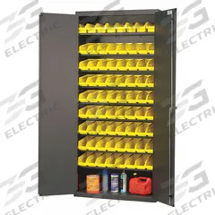 QUANTUM STORAGE SYSTEMS Bin Cabinet: 36 in x 18 in 78 in, 9 Shelves, 72 Bins, Yellow, Solid, Gray (MPN QPR-101YL). Key specifications — Bin Color: Yellow; Bin HxWxD: (72) 4 in x 4 in x 11-5/8 in; Assembled: Assembled; Cabinet Style: Shelf and Bin; Brand: QUANTUM STORAGE SYSTEMS; Cabinet Color: Gray; Cabinet Finish: Baked Enamel; Cabinet Material: Steel.