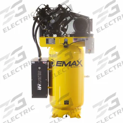 EMAX Electric Air Compressor: 7.5 hp, 2 Stage, Vertical, 80 gal, 31 cfm, 175 psi - Quiet Pressure Lubricated Electric Air Compressors with Silencer