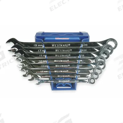 WESTWARD Combination Wrench Set: Alloy Steel, Chrome, 8 Tools - Metric 12-Point Ratcheting Combination Wrench Sets