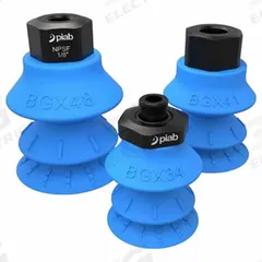 PIAB Vacuum Pad: Multi-Bellows, w/o Adapter, 34 mm Pad Dia, Food Grade Silicone Rubber, Blue, 50A (MPN S.BGX34SF50.XXX.00). Key specifications — attr1019136: S.BGX34SF50.XXX.00; attr1019138: PIAB; attr1019139: 50A.