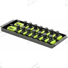 ERNST MANUFACTURING Socket Organizer: Yellow, 3 5/8 in Overall Wd, 14 Posts/Slots, Sockets (MPN 8563HV). Key specifications — attr1125333: (14) Socket Clips; attr1125346: ERNST MANUFACTURING; attr1125347: Yellow; attr1136588: Sockets; attr1125364: Socket Bit Tray.
