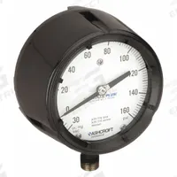 ASHCROFT Panel-Mount Compound Gauge: 0 psi to 160 psi, White, 4 1/2 in Dial, 1/2 in NPT Male, Bottom (MPN 0627-0500-0001-60). Key specifications — Brand: ASHCROFT; Pointer Color: Black; Accuracy: ±0.5%; Dial Color: White; Gauge Wetted Parts: Stainless Steel; Case Material: Phenolic; Vibration Resistance Properties: None; Pressure Range: 0 psi to 160 psi.