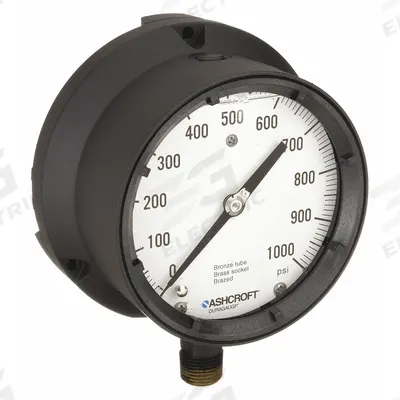 ASHCROFT Process Pressure Gauge: 0 psi to 1,000 psi, White, 4 1/2 in Dial, 1/2 in NPT Male - Vibration-Resistant Brass/Bronze Wetted Parts & Plastic Casing