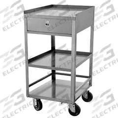 APPROVED VENDOR General Purpose Steel Mobile Workstation: Fixed Ht, Stainless Steel (MPN 23AR43). Key specifications — For Environment: Clean Rooms; For Location: Indoor; Assembly: Fully Assembled; Wheel Material: Rubber; Frame Material Finish: Stainless Steel; Maximum Shelf Load Capacity: 300 lb; Drawer Depth: 15-1/2 in; Drawer Height: 3-1/2 in.