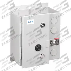 EATON NEMA Magnetic Motor Starter: Non-Reversing, 3 Poles, NEMA Size 1, 27 A, 480V AC Coil (MPN ECN0518CAA-R63/D). Key specifications — attr211388: EATON; attr951451: 1NO/1NC; attr951453: 480V AC; attr951489: Three; attr984425: 1NO/1NC; attr984429: Pilot Light; attr997361: None (Not Applicable to Electronic Overloads).