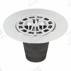 DANCO Cover: Plastic/Stainless Steel, Chrome, 4 1/4 in Overall Dia, 2 1/2 in Overall Ht, Flanged (MPN 9D00010529). Key specifications — Color: Silver; Includes: Extra Basket; Connection Type: Flanged; Material: Stainless Steel.