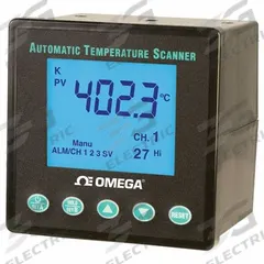 OMEGA 10-Point Scanner: 0 Display Span - Min, 9 V DC, 0.56 in Digit Ht - Max., RS-232, 5 A @ 250V, 0 (MPN DP1001AM). Key specifications — Manufacturer Part Number: DP1001AM; Accuracy: +/-0.15% of Reading +/-1°C; Digital Display Screen Type: LCD; Includes: AC Adapter; Product Type: Automatic Temperature Scanner; Series: DP1001AM; Interface: RS-232; Relay AC Contact Rating: 5 A @ 250V.
