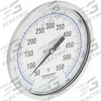 ASHCROFT Dial Thermometer: 50°F to 550°F /10°C to 290°C, ±1% Accuracy, 2.5 in Stem Lg, 5 in Dial Dia (MPN 50EI60R). Key specifications — Accuracy: ±1 %; Brand: ASHCROFT.