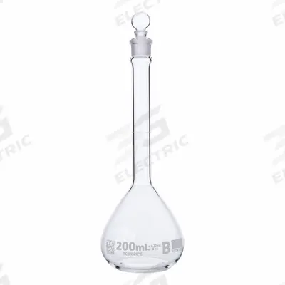 GLOBE SCIENTIFIC Glass Flasks: 200 mL, Colorless, B, 0.2 mL, Includes Closure - Glass Volumetric Flasks