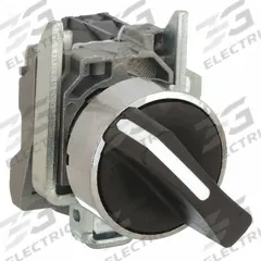 SCHNEIDER Selector Switch: 22 mm Panel Mounting Size, 2 Positions, Short Lever, 1NO, Metallic (MPN XB4BD21). Key specifications — AC Contact Rating: 6 A @ 120 V; Action: Maintained/Maintained; Cam: No Cam Included; DC Contact Rating: 0.1 A @ 600 V; Hazardous Location Specification: Not Rated; Operator Head Material: Plastic; Operator Head Type: Short-Handled Knob; Operator Illumination: Non-Illuminated.