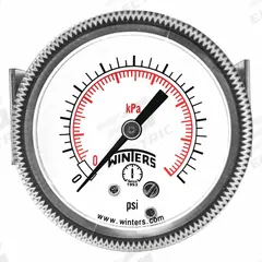 WINTERS Panel-Mount Vacuum Gauge: U-Clamp, 2 1/2 in Dial, 1/4 in NPT Male, Center Back, P9U 90, IP52 (MPN P9U901431UC). Key specifications — Accuracy: ±2-1-2%; Brand: WINTERS; Vibration Resistance Properties: Dry Case Vibration-Dampened; Gauge Wetted Parts: Brass / Bronze.