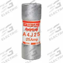 MERSEN Fuse: A4J Series, Class J, Cylindrical Body, Fast-Acting, 25 A, 600 V AC, 300 V DC (MPN A4J25). Key specifications — attr1287274: A4J; attr211200: MERSEN.