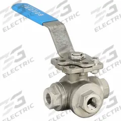 BONOMI Manual Three-Way Ball Valve: 1/4 in, CF8M Stainless Steel, L Flow, FNPT x FNPT x FNPT (MPN 966N-1/4"). Key specifications — Brand: BONOMI; Handle: Locking Lever.