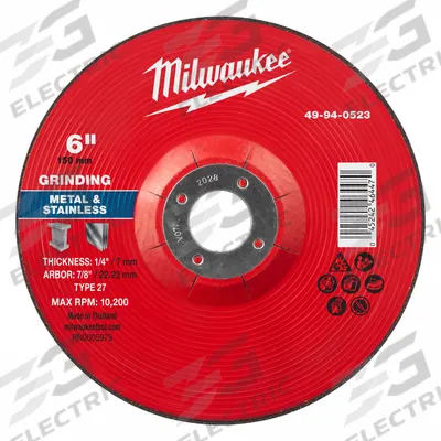 MILWAUKEE Grinding Wheel: Type 27, 6" x 1/4" x 7/8", Aluminum Oxide - General Purpose Grinding Wheels for Carbon & Stainless Steel