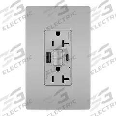 USB Receptacle: Duplex, 5-20R, 2 USB Ports, USB Type A/C, Gray, 125V AC, 20 A, GFCI (MPN 2097TRUSBACGRY). Key specifications — Brand: LEGRAND.