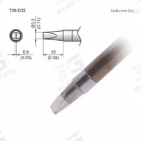 HAKKO Soldering Tip: T39 Series, Chisel, 3.2 mm W, 10 mm Lg (MPN T39-D32). Key specifications — Brand: HAKKO; Compatible Handpiece Manufacturer Model Number: FX-9701; Manufacturer Part Number: T39-D32.